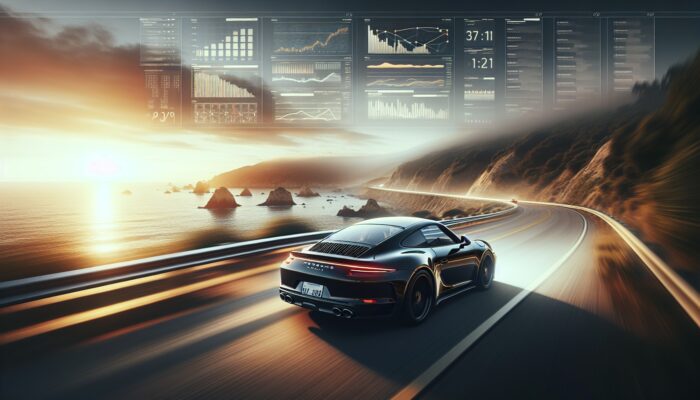A sleek, black Porsche 911 speeding along a scenic coastal road at sunset.