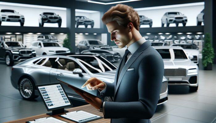 Person in luxury car rental office, reviewing budget on tablet, surrounded by high-end vehicles.