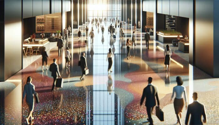 Polished terrazzo floor in Buckinghamshire lobby, reflecting light, showing durability and aesthetic appeal with people walking.