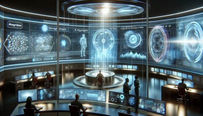 Futuristic control room with holographic displays and AI data processing in a high-tech setting.