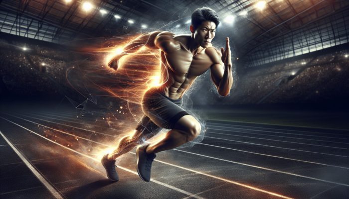 Athlete sprinting with focus, lean muscles, glowing aura symbolizing fat burning and metabolic efficiency.