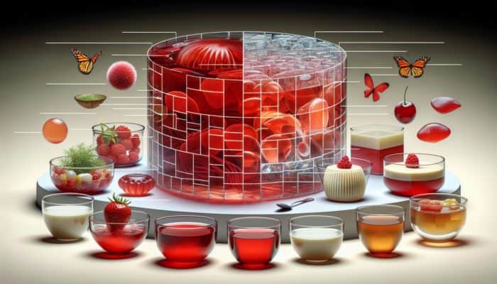 Red algae transforming into clear agar agar jelly, used in Asian jelly cups and Western panna cotta.