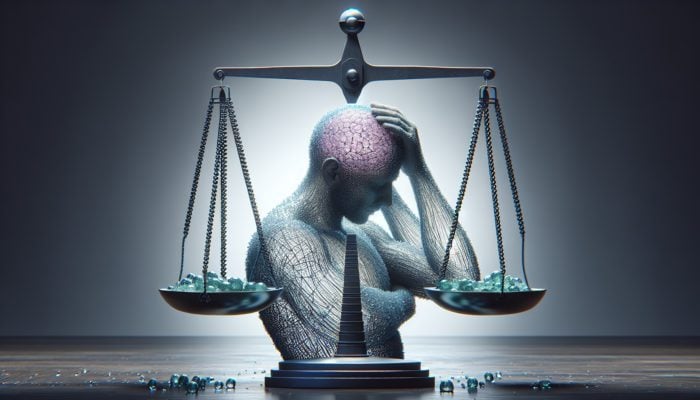 A person using a natural scrub to exfoliate their scalp, with a balance scale and healthy hair.