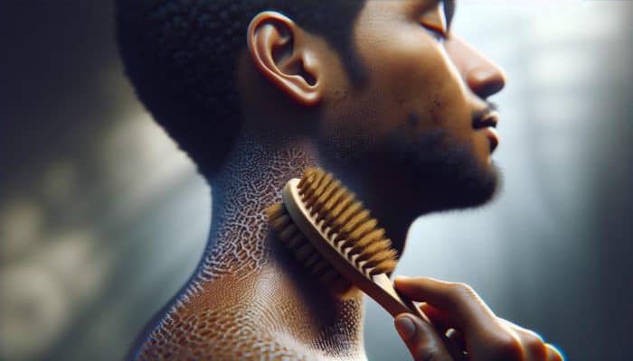 Close-up of scalp exfoliation with a soft brush, showing healthy skin and hair follicles in a spa setting.