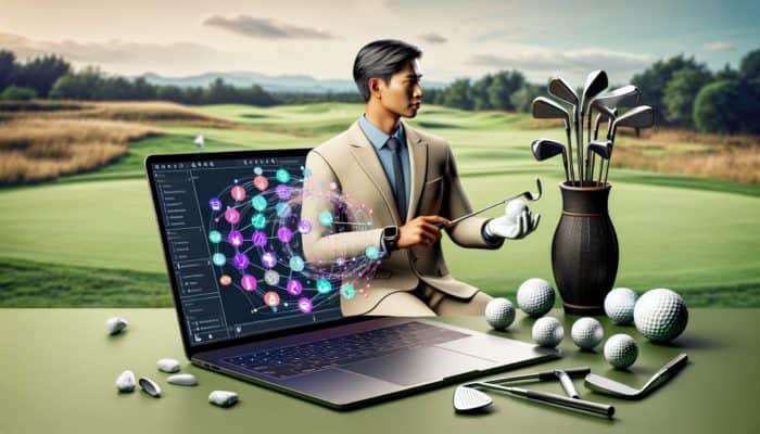Golfer setting up golf training software on laptop amidst golf clubs and course.