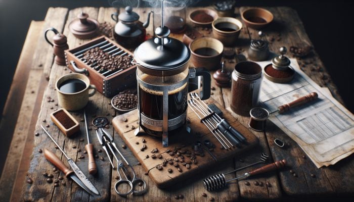 French press with dark coffee and steam, surrounded by brewing tools on a rustic table.