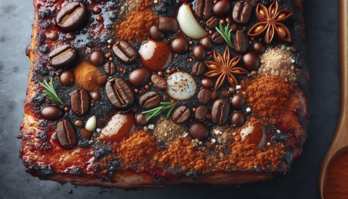 Grilled meat crust with coffee-based BBQ rub, featuring caramelized sweetness and savory garlic and onion.