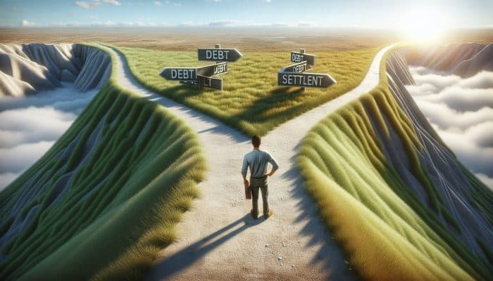 A person at a crossroads choosing between "Full Debt Repayment" and "Debt Settlement," with a sunny path ahead representing financial freedom.