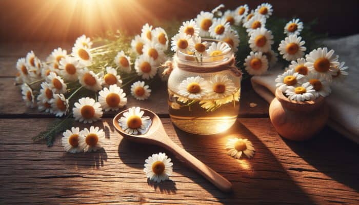 Blonde hair shining under natural light, surrounded by chamomile flowers in a calming atmosphere.