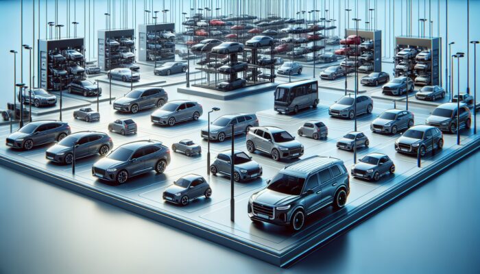 A diverse fleet of vehicles including compact cars, luxury sedans, and SUVs in a rental lot.