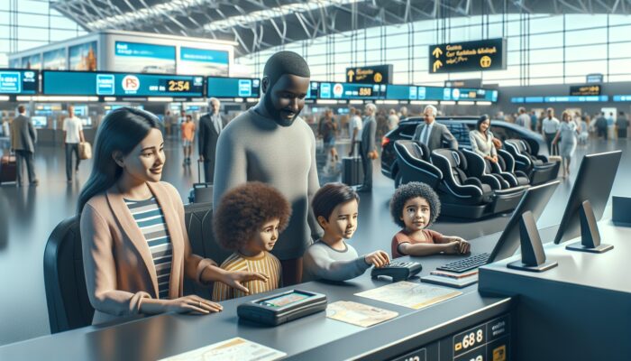 Family at car rental desk choosing GPS and child seat, busy airport backdrop.