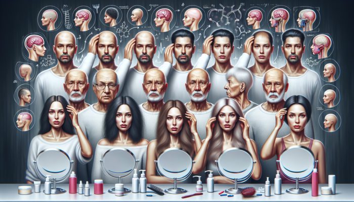 A diverse group examining hair loss stages in mirrors, with medical diagrams and regrowth products around them.