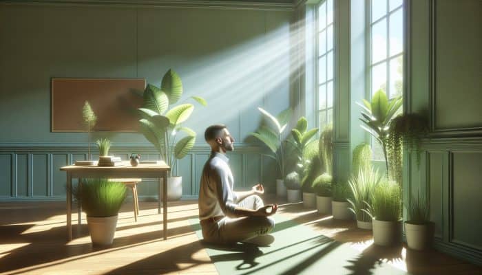 A serene educator practicing mindful breathing in a sunlit, plant-filled corner of a school staff room.