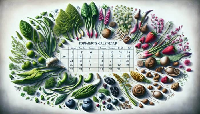 A vibrant forager's calendar displaying seasonal edible plants: spring greens, summer berries, autumn nuts.
