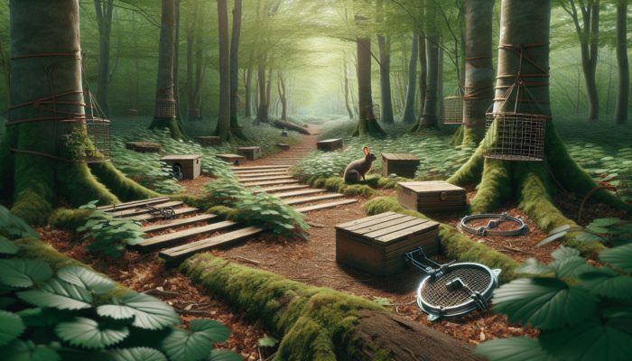 Small game traps set in a forest, including snares and box traps along trails and near burrows.