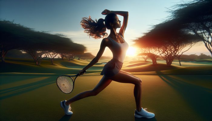 Golfer performing dynamic arm circles and leg swings at sunrise, followed by static stretches at sunset on a lush course.