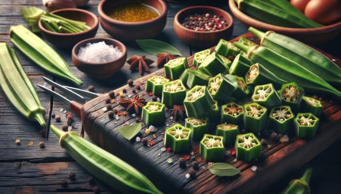 Freshly cut okra slices seasoned with spices and olive oil on a wooden board, ready for grilling.