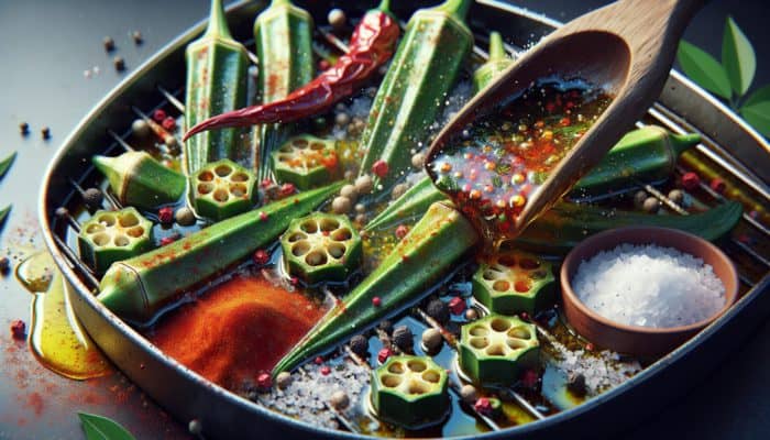 Okra marinating in olive oil, paprika, salt, pepper, lemon juice, and herbs, ready for grilling.