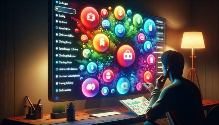 A person analyzing a colorful budget chart on a computer in a cozy home office.