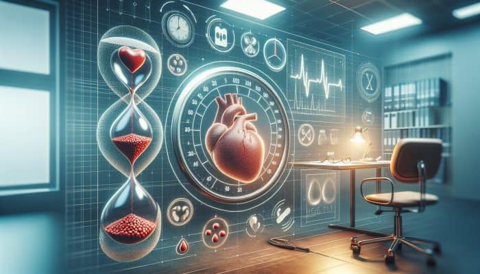 A medical chart tracking cholesterol levels annually in a modern clinic, for a patient with heart disease family history.