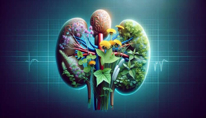 Illustration of dandelion, nettle, and horsetail herbs against a kidney-shaped backdrop for kidney stone prevention.