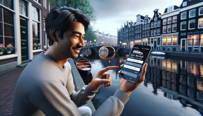 A person using a smartphone to book a car rental, with Amsterdam's canals and architecture in the background.