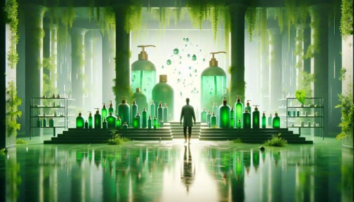 A person in a green bathroom with various bottles of hydrating hair products, surrounded by steam and water droplets.