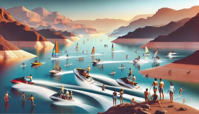 People enjoying jet skiing and paddleboarding at Lake Mead with desert and clear blue skies in the background.