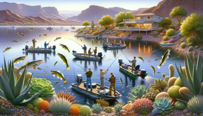 Anglers fishing at Lake Mead at dawn from boats and shore, with bass, trout, and catfish.