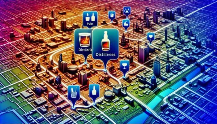 A detailed city map with a route highlighting pubs, distilleries, and landmarks under a vibrant skyline.