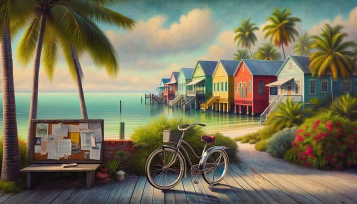 Colorful wooden houses, tropical plants, ocean, vintage bicycle against palm tree in Key West.