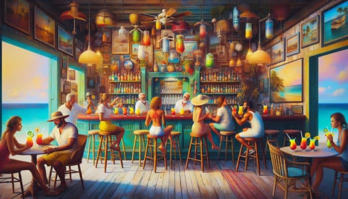 A vibrant scene at The Green Parrot in Key West, with locals enjoying tropical drinks amidst eclectic decor.