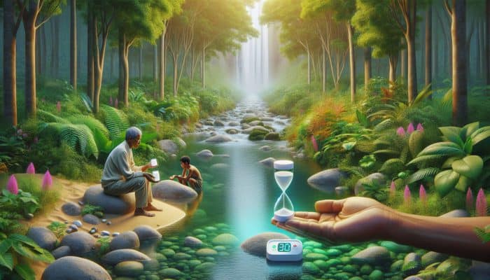 Person waiting by a stream with a water purification tablet and timer, surrounded by greenery.