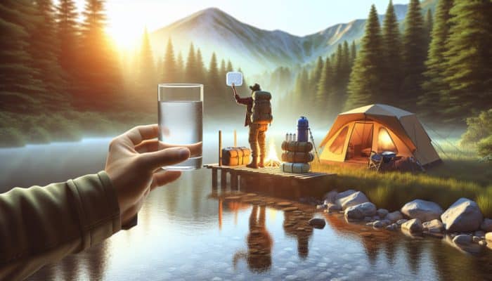 A traveler with a water purification tablet over a glass of water at a budget campsite.