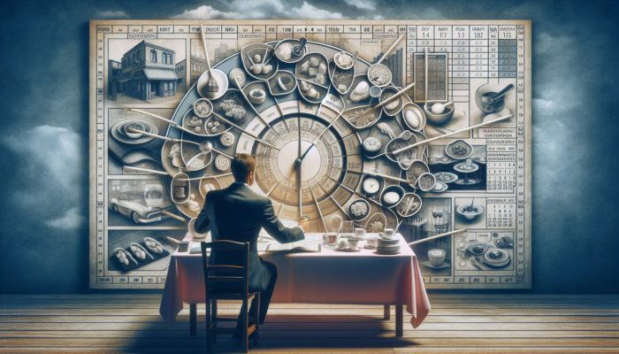 Person using calendar and clock to strategically schedule restaurant reservations amidst diverse restaurant scenes.