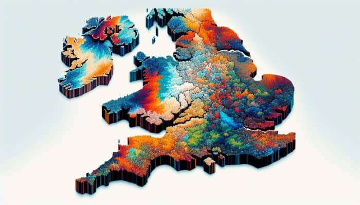 Map of UK regions color-coded by personal debt levels, darker in London and South East, lighter in North.
