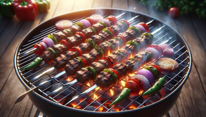 Sizzling kebabs on a charcoal grill with perfect char and juicy interior, vibrant peppers and onions, under a golden sunset.