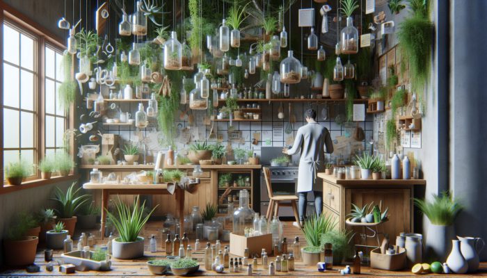 Individual preparing homemade hair spray in a rustic kitchen, utilizing recyclable glass bottles and natural ingredients, surrounded by greenery.
