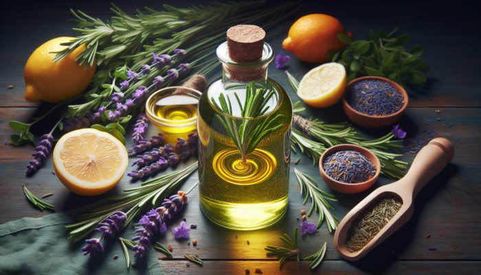 A bottle of homemade hair spray surrounded by lavender, rosemary, lemon, and argan oil, with herbs and citrus fruits in the background.