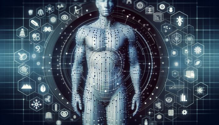 Illustration of acupuncture points on a human body with charts and symbols representing standards and regulatory frameworks.