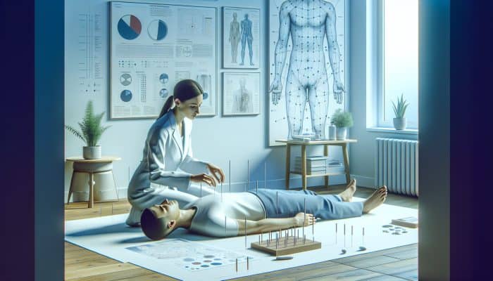 A serene acupuncture session in a modern UK clinic, emphasizing ethical practice with informed consent and privacy.