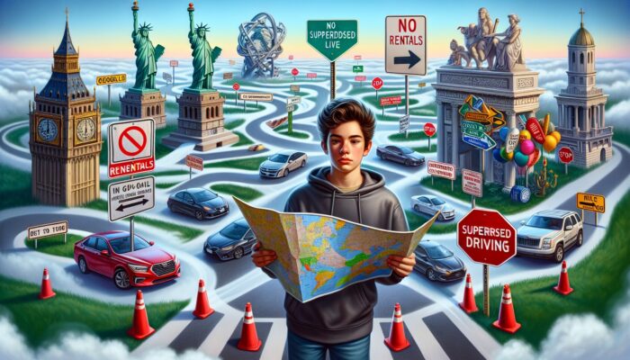 Young learner's permit holder at crossroads with global landmarks, some paths blocked, others open for supervised driving.