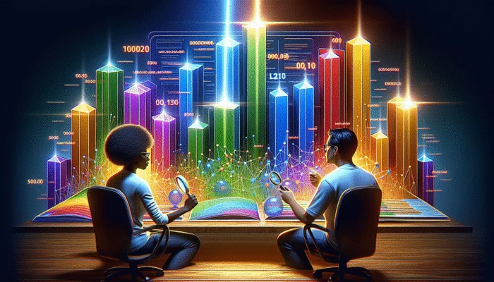 SEO professionals examining headers with graphs indicating improved rankings and user engagement.