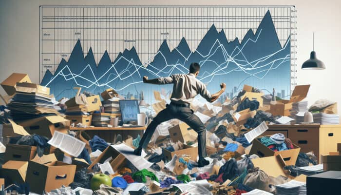 A person sorting items in a cluttered house, showing determination and progress amidst emotional peaks and valleys.