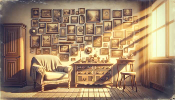 A memory wall with vintage photos and keepsakes in a sunlit room, celebrating past memories during house clearance.