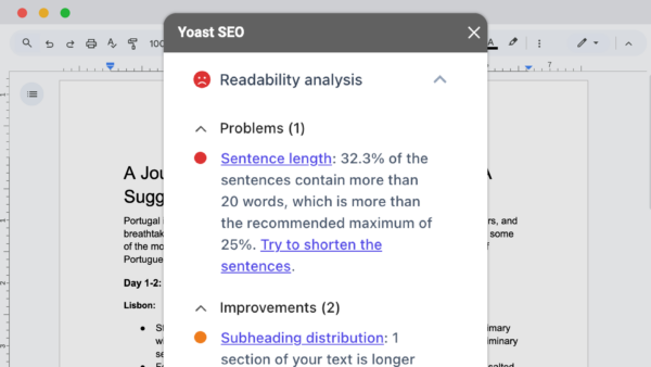 Yoast SEO for Google Docs add-on SEO analysis feature