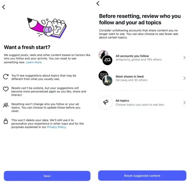 Reset suggested content button