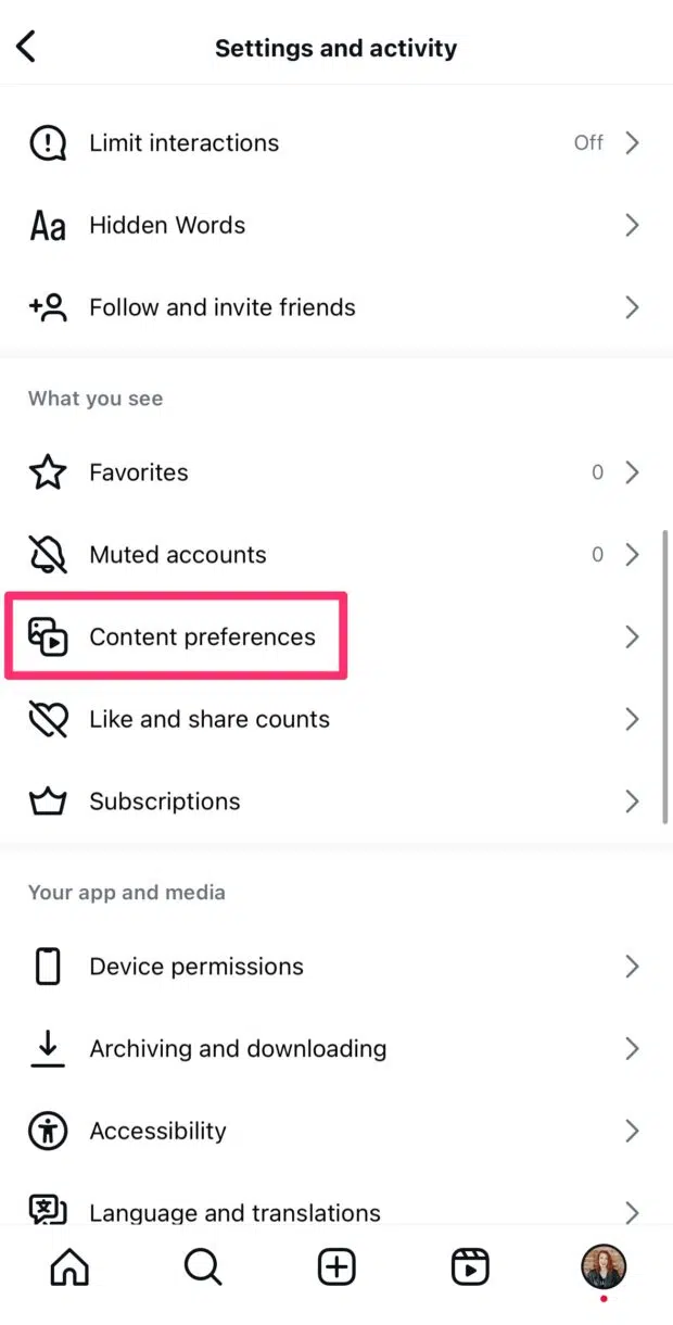 Settings and activity content preferences