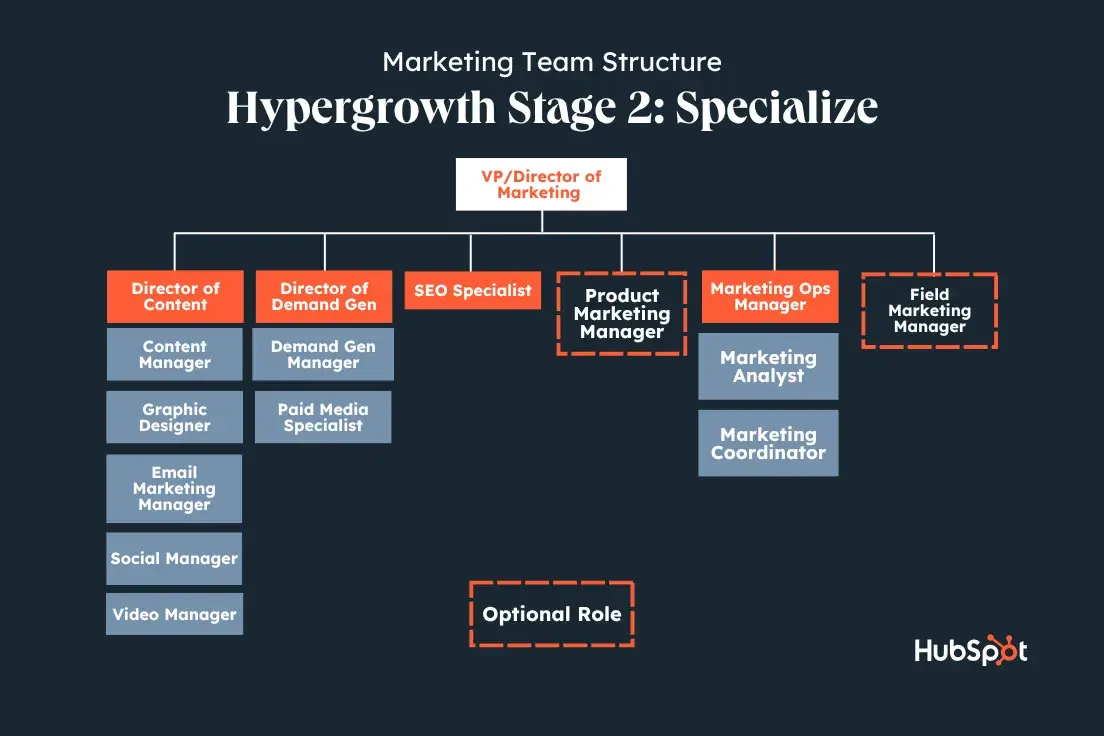 marketing team structure at 10-17 people showing marketing coordinator, director of demand gen, seo specialist, etc.