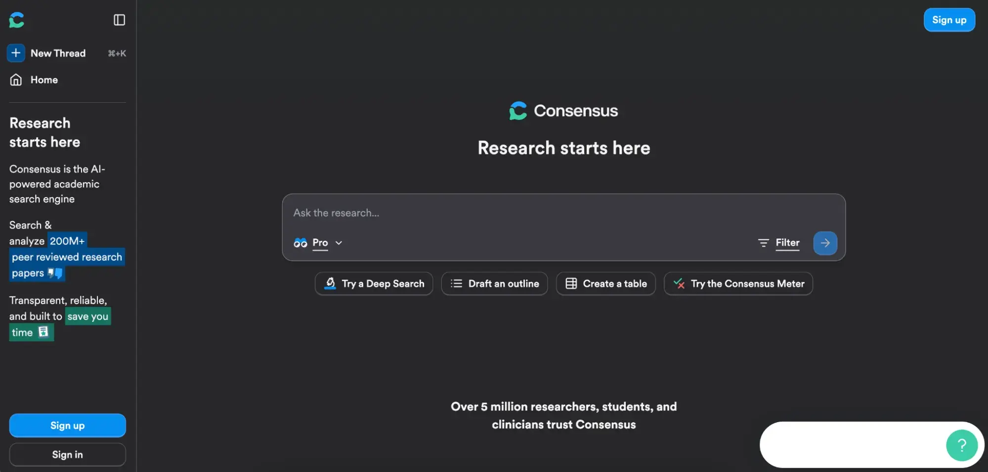 screenshot of consensus ai market research tool
